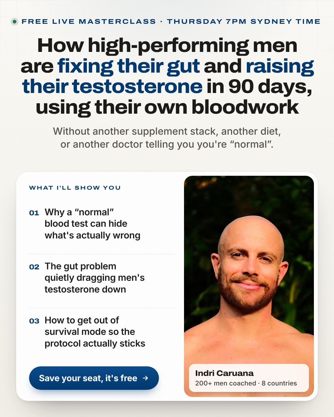 Static ad: How high-performing men are fixing their gut and raising their testosterone in 90 days, using their own bloodwork. Free live masterclass, Thursday 7pm Sydney time, with Indri Caruana.