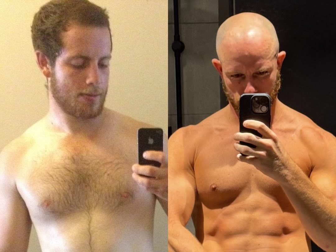 Indri in his early twenties beside a recent photo, both mirror selfies