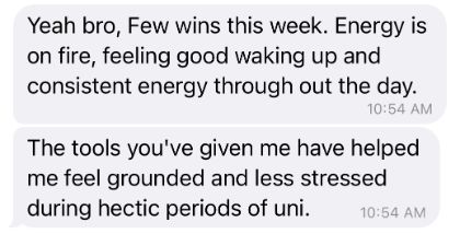 Client message: energy is on fire, feeling good waking up and consistent energy through the day.