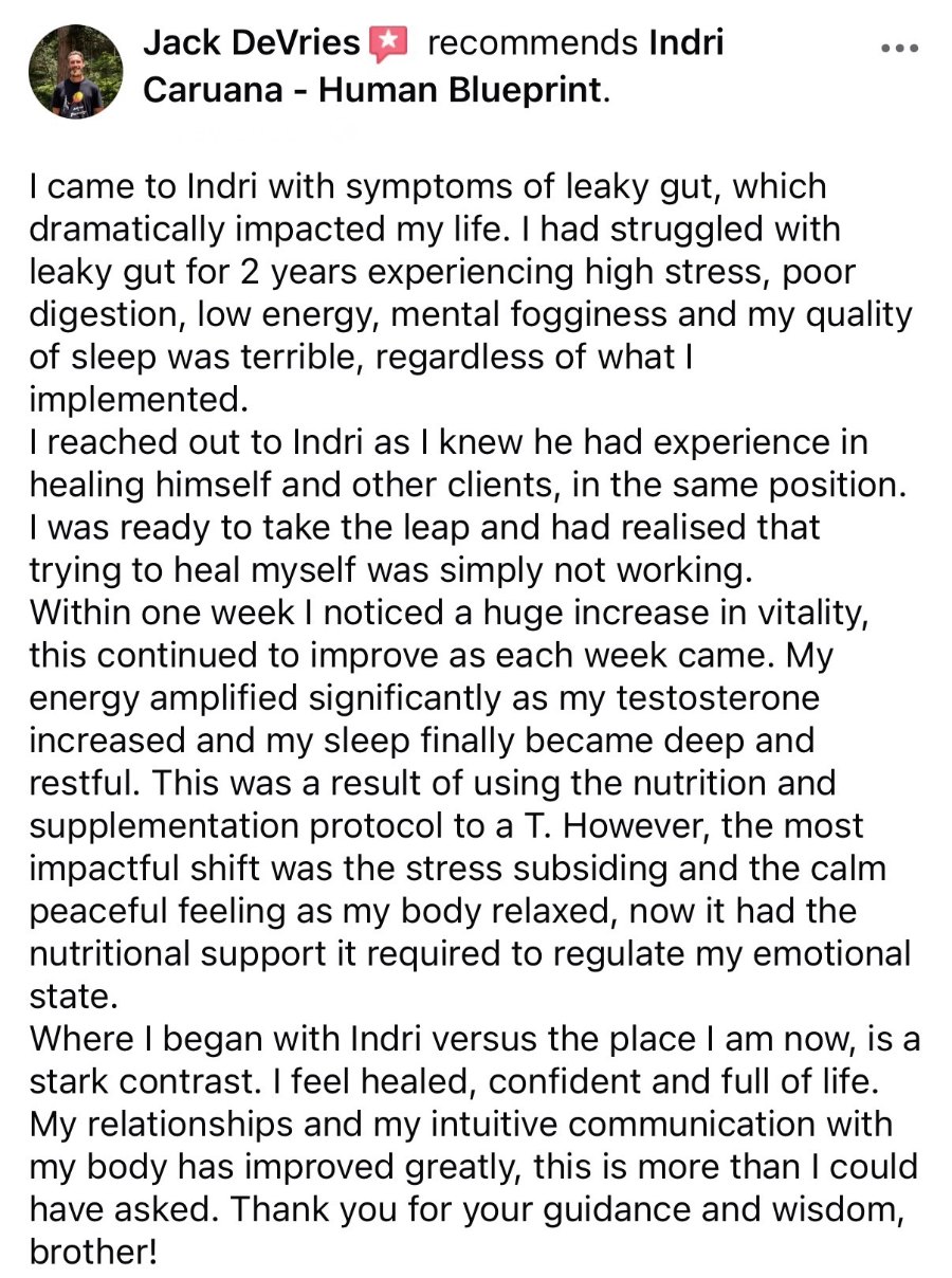 Jack DeVries's Facebook recommendation of Indri Caruana and Human Blueprint