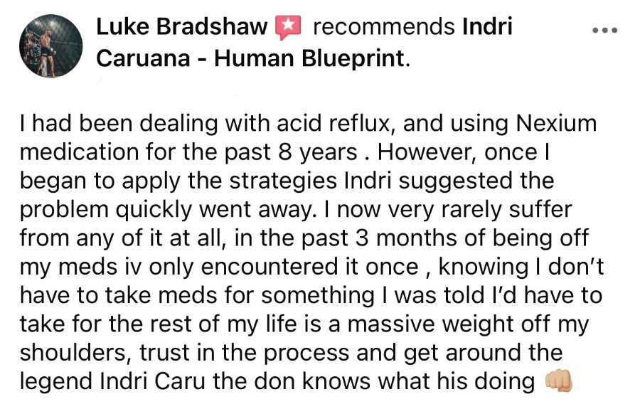 Luke Bradshaw's Facebook recommendation of Indri Caruana and Human Blueprint